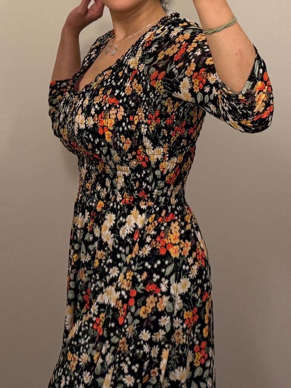 NWOT Anthropologie Black Floral Maxi Dress Maeve Omya w/ Ruched Sleeves